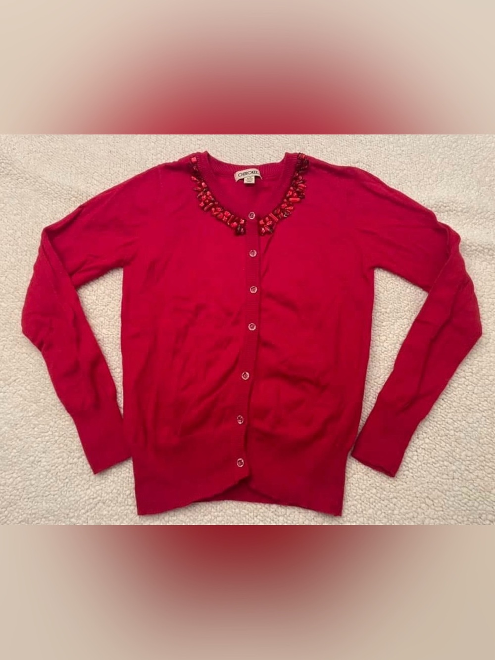 Cherokee Girls Red Jeweled Cardigan Sweater Size L 10/12 Holiday